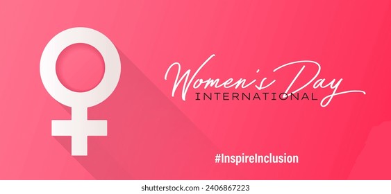 inspireinclusion. 2024 International Women's Day horizontal banner with female sign of Venus on pink background. Design for poster, campaign, social media post. Vector illustration.