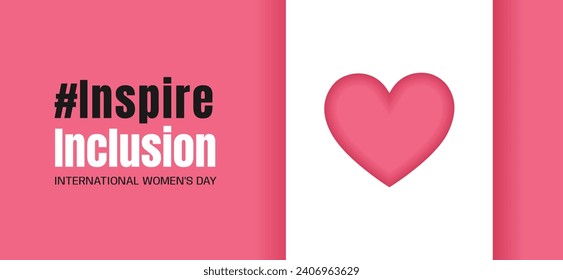 inspireinclusion. 2024 International Women's Day horizontal banner with sign of heart on pink background. Design for poster, campaign, social media post. Vector illustration.