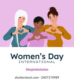 Inspireinclusion. 2024 International Women's Day square banner. Cartoon women showing sign of heart with their hands. Design for poster, campaign, social media post. Vector illustration, background.