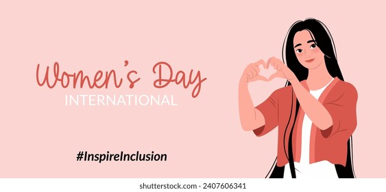 Inspireinclusion. 2024 International Women's Day horizontal banner. Woman showing sign of heart with her hands. Design for poster, campaign, social media post. Vector illustration, background.