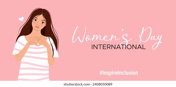 Inspireinclusion. 2024 International Women's Day horizontal banner. Woman showing sign of heart with her hands. Design for poster, campaign, social media post. Vector illustration, background.