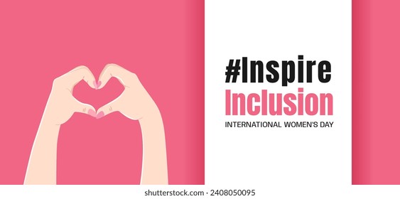 Inspireinclusion. 2024 International Women's Day horizontal banner. Female hands showing sign of heart on pink background. Design for poster, campaign, social media post. Vector illustration.