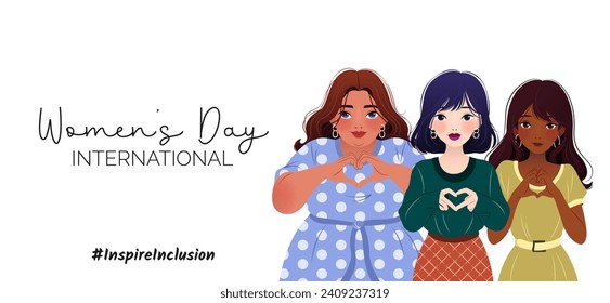 Inspireinclusion. 2024 International Women's Day. Horizontal banner with young diverse ethnicity women showing sign of heart with their hands. Vector design for poster, campaign, social media post.