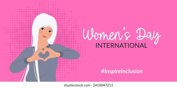 Inspireinclusion. 2024 International Women's Day horizontal banner. Woman showing sign of heart with her hands. Design for poster, campaign, social media post. Vector illustration, background.