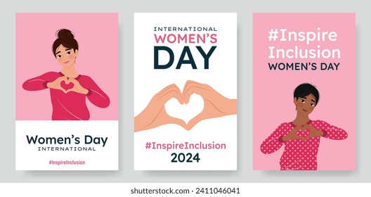 Inspireintegration. 2024 Vertikalbanner für den Internationalen Frauentag. Cartoon Frauen zeigen Zeichen des Herzens mit ihren Händen. Design für Poster, Kampagne, Social Media-Post. Vektorgrafik.