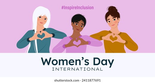 Inspireinclusion. 2024 International Women's Day horizontal banner. Cartoon women showing sign of heart with their hands. Design for poster, campaign, social media post. Vector illustration.