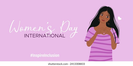 Inspireinclusion. 2024 International Women's Day horizontal banner. Woman showing sign of heart with her hands. Design for poster, campaign, social media post. Vector illustration, background.