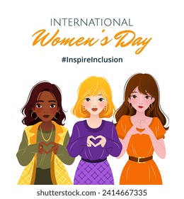 Inspireinclusion. 2024 International Women's Day. Square banner with young diverse ethnicity women showing sign of heart with their hands. Vector design for poster, campaign, social media post.