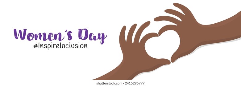 Inspireinclusion. 2024 International Women's Day. a horizontal banner. Female hands with dark skin in the shape of a heart. With an inscription on a white background. Vector illustration.