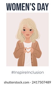 Inspireinclusion. 2024 International Women's Day vertical poster. Woman showing sign of heart with her hands. Design for poster, campaign, social media post, promo. Vector illustration, background.
