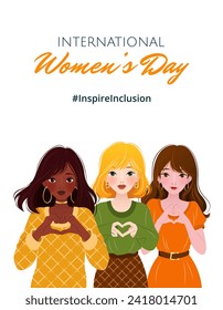 Inspireinclusion. 2024 International Women's Day. vertical banner with young diverse ethnicity women showing sign of heart with their hands. Vector design for poster, campaign, social media post.