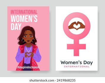Inspireinclusion. 2024 International Women's Day vertical banners set. Cartoon woman showing sign of heart. Female sign of Venus. Design for poster, campaign, social media post. Vector illustration.