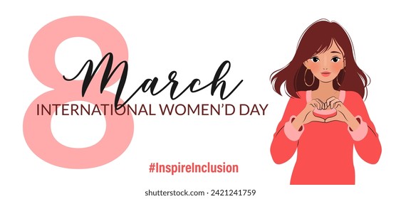 Inspireinclusion. 2024 International Women's Day. 8 March horizontal banner. Woman showing sign of heart with her hands. Design for poster, campaign, social media post. Vector illustration, background