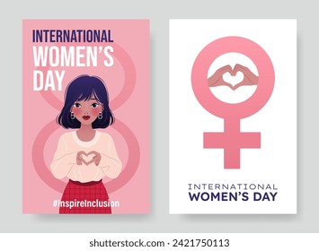 Inspireinclusion. 2024 International Women's Day vertical banners set. Cartoon woman showing sign of heart. Female sign of Venus. Design for poster, campaign, social media post. Vector illustration.