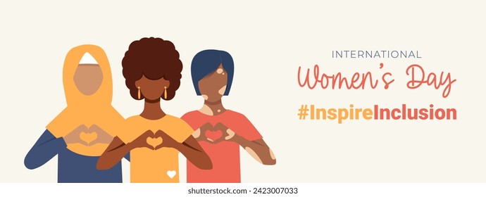 #InspireInclusion. 8 march. Banner International Women's Day. Women of different ethnicities together.  Faceless vector illustration