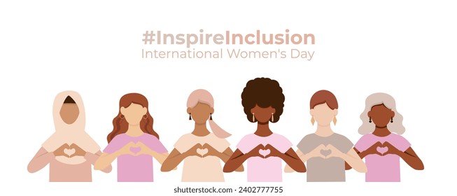 #InspireInclusion. Banner International Women's Day. Women of different ethnicities together. 8 march. Faceless vector illustration