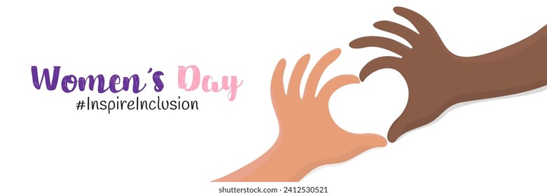 Inspireinclusion. A horizontal banner. Female hands with dark and light skin in the shape of a heart. With an inscription on a white background. 2024 International Women's Day. Vector illustration