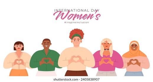 Inspireinclusion. International Womens Day banner vector. Hand drawn diverse women characters show heart shape with hands. Design for poster, campaign, social media post.