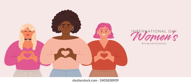 Inspireinclusion. International Womens Day banner vector. Hand drawn diverse women characters show heart shape with hands. Design for poster, campaign, social media post.