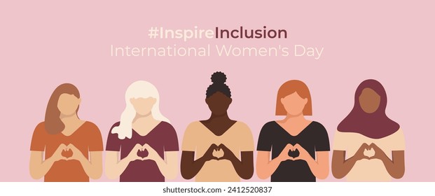 Cartel del Día Internacional de la Mujer InspireInclusion. Ilustración minimalista con eslogan Inspire Inclusion. Diversas mujeres con manos en forma de corazón se unen en un estilo sin rostro