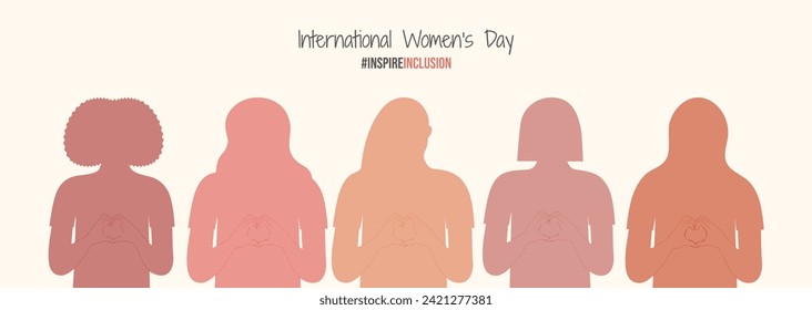 InspireInclusion International Women's Day banner. Minimalist illustration with Inspire Inclusion slogan. Women silhouettes with heart-shaped hands stand together.