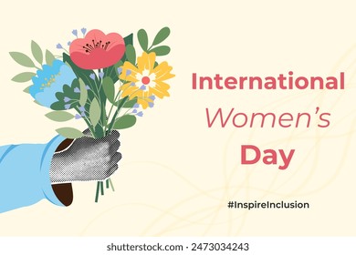 Inspireinclusion. Trendy halftone collage. Female hand with bouquet of flowers.Women's equality day background template. Background template, banner, poster, postcard. Vector illustration