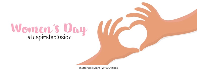 Inspireinclusion. Vector illustration. 2024 International Women's Day. a horizontal banner. Female hands with light skin in the shape of a heart. With an inscription on a white background.