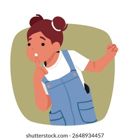 Inspirienced girl child cartoon character expressing curious emotion on face bubble portrait design vector illustration. Pretty preschool kid looking aside searching something discovering life