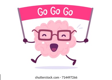 Inspiring cartoon brain concept. Vector illustration of pink color human brain with glasses holds the motivating banner on white background. Doodle style. Flat style design of character brain