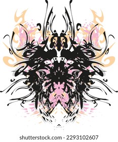 Inspiring fear colored butterfly symbol with floral elements on white. Tribal butterfly wings in pink-orange-black tonality for shields or sport emblems, interiors, posters, tattoos, fashion trends