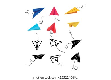 Inspiring hand drawn colorful paper planes vector designs for educational apps, High-quality hand drawn paper airplanes vector illustrations for web use, Decorative hand drawn colorful paper planes 
