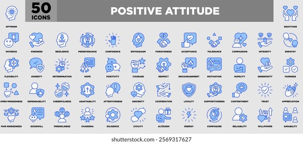 An inspiring icon set themed around positive attitude, featuring symbols for optimism, kindness, empathy, courage, humility, and more. Perfect for uplifting designs and motivational content.