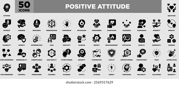 An inspiring icon set themed around positive attitude, featuring symbols for optimism, kindness, empathy, courage, humility, and more. Perfect for uplifting designs and motivational content.