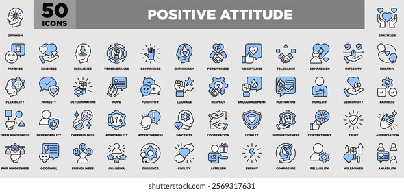 An inspiring icon set themed around positive attitude, featuring symbols for optimism, kindness, empathy, courage, humility, and more. Perfect for uplifting designs and motivational content.