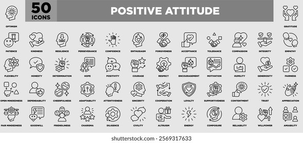 An inspiring icon set themed around positive attitude, featuring symbols for optimism, kindness, empathy, courage, humility, and more. Perfect for uplifting designs and motivational content.