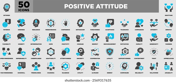 An inspiring icon set themed around positive attitude, featuring symbols for optimism, kindness, empathy, courage, humility, and more. Perfect for uplifting designs and motivational content.