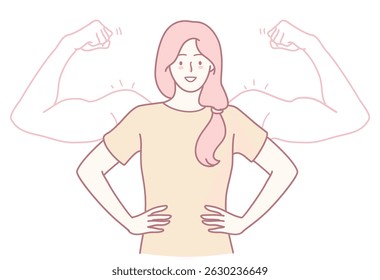 An inspiring illustration of a confident woman proudly showcasing her strength with dynamic, muscular arms