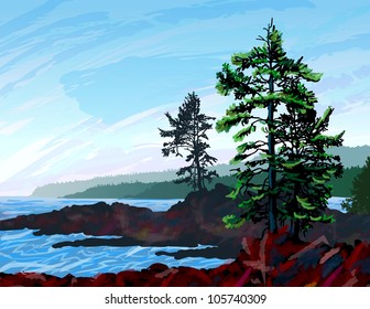 Inspiring illustration depicting the rugged west coast of Vancouver Island