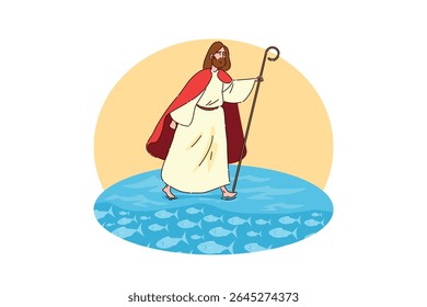 An inspiring illustration depicting a Shepherd who is walking gracefully on the water surface