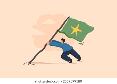 An inspiring illustration of a determined person raising a star-adorned flag, symbolizing success and perseverance. The character stands confidently, showcasing hope amidst challenges.