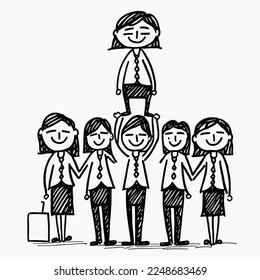 An inspiring illustration of a female leader at the center of a group of her female colleagues. Highlights the leadership and power of female teams in business.