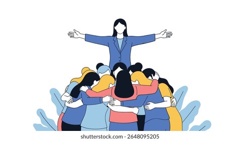 Líder Inspirador Abraçando Equipe Diversificada no Abraço de Grupo de Apoio