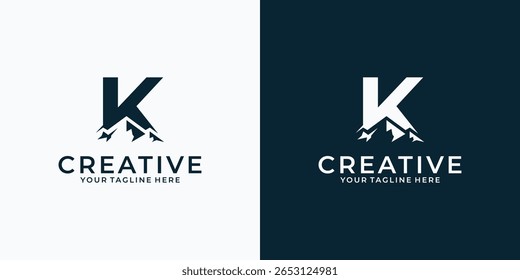 An inspiring logo design featuring the letter K and mountains. Explore Mountain Adventure Symbol Logo Templates.