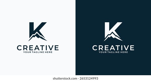 Ein inspirierendes Logo-Design mit dem Buchstaben K und Bergen. Entdecken Sie die Logo-Vorlagen für Abenteuer-Symbole in den Bergen.