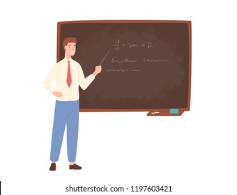 Inspiring male school teacher, university professor or educational worker standing beside chalkboard, holding pointer and giving lecture. Colorful vector illustration in flat cartoon style.