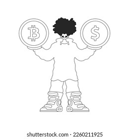 Inspiring man holding bitcoin and dollar coin in his hands. Newspaper black and white style.
