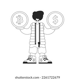 Inspiring man holding bitcoin and dollar coin in his hands. Linear newspaper black and white style.