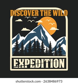 Inspiring Mountain Expedition Graphic Design for Apparel This vintage-style graphic design showcases a mountain landscape with a bold "EXPEDITION" text overlay, accompanied by the phrase "DISCOVER THE
