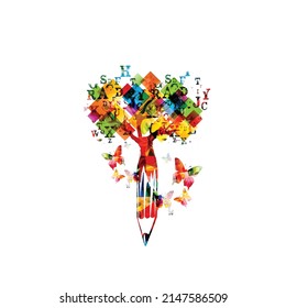 Inspiration und originelles Schreibkonzept mit Baum, Schmetterlingen, Alphabet-Buchstaben und Stift einzelne Vektorgrafik. Kreatives, buntes Design für das Schreiben von Inhalten, Blog, Geschichtenerzählen, Bildung