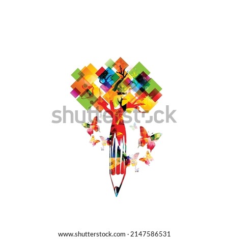 Inspiring and original writing concept with tree, butterflies and pencil isolated vector illustration. Creative colorful design for content writing, copywriting, blog, storytelling, education, school
